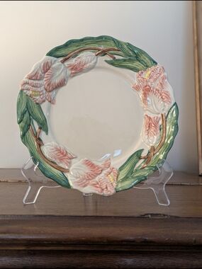 Fitz And Floyd Floral Relief Ceramic Plate - Pink & Green Tulip
